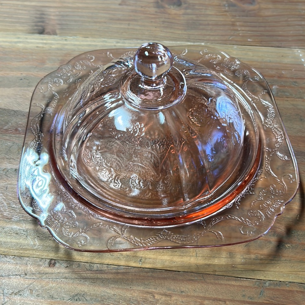 Pink depression glass covered dish